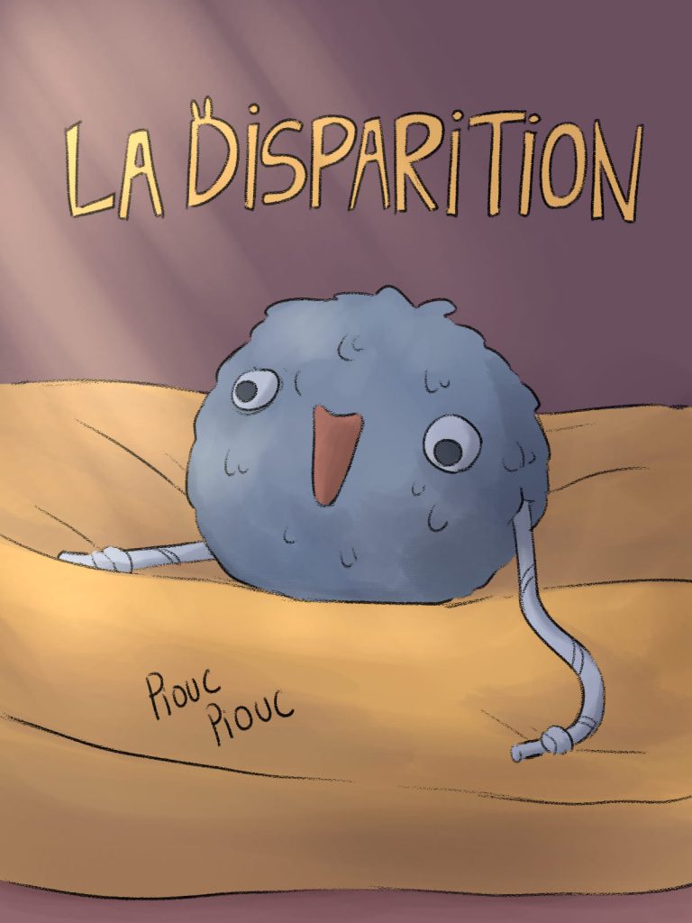 Page de couverture de bande dessinée : Les Aventures du Lapin, chapitre : La disparition. Un jouet pour chien, rond et bleu avec des poils et un visage simplet, sur un coussin jaune.