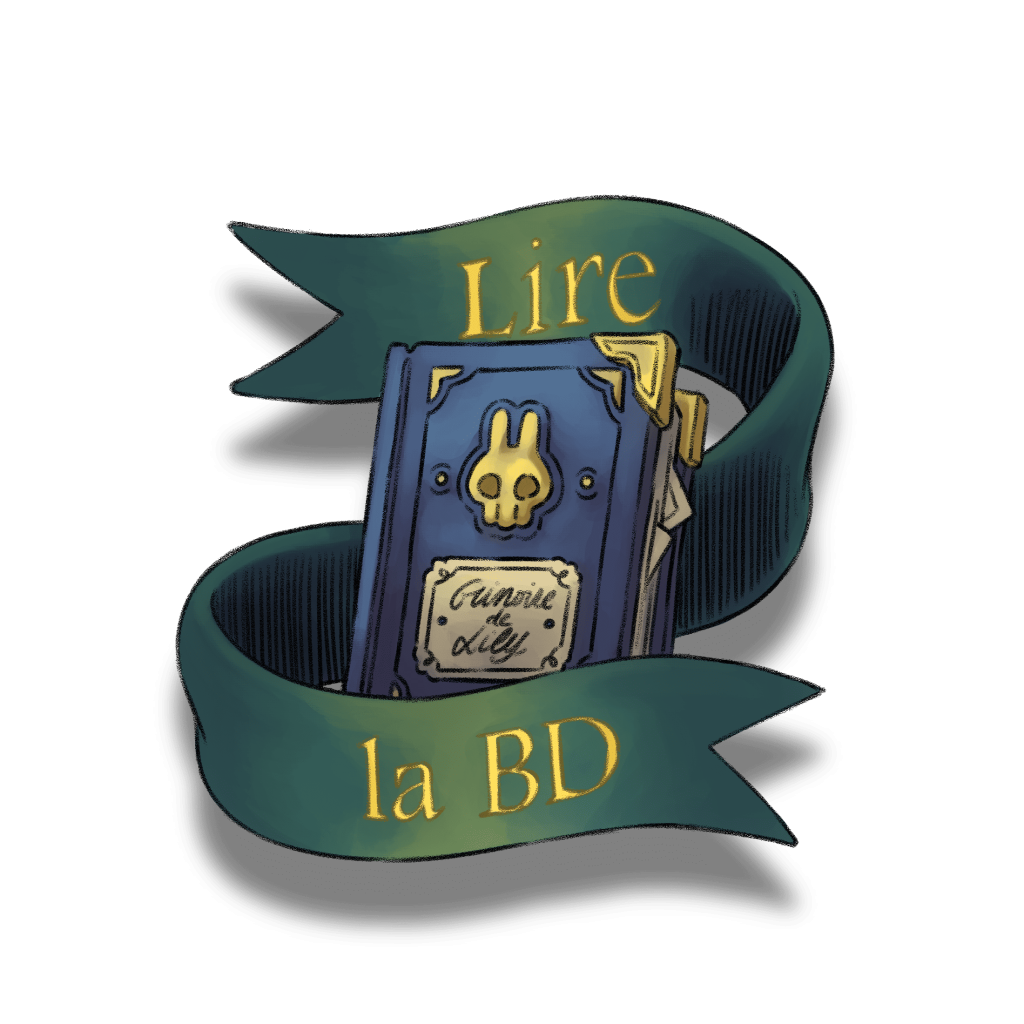 "Lire la BD" écrit sur un ruban vert qui entour un grimoire orné d'un crâne de lapin.