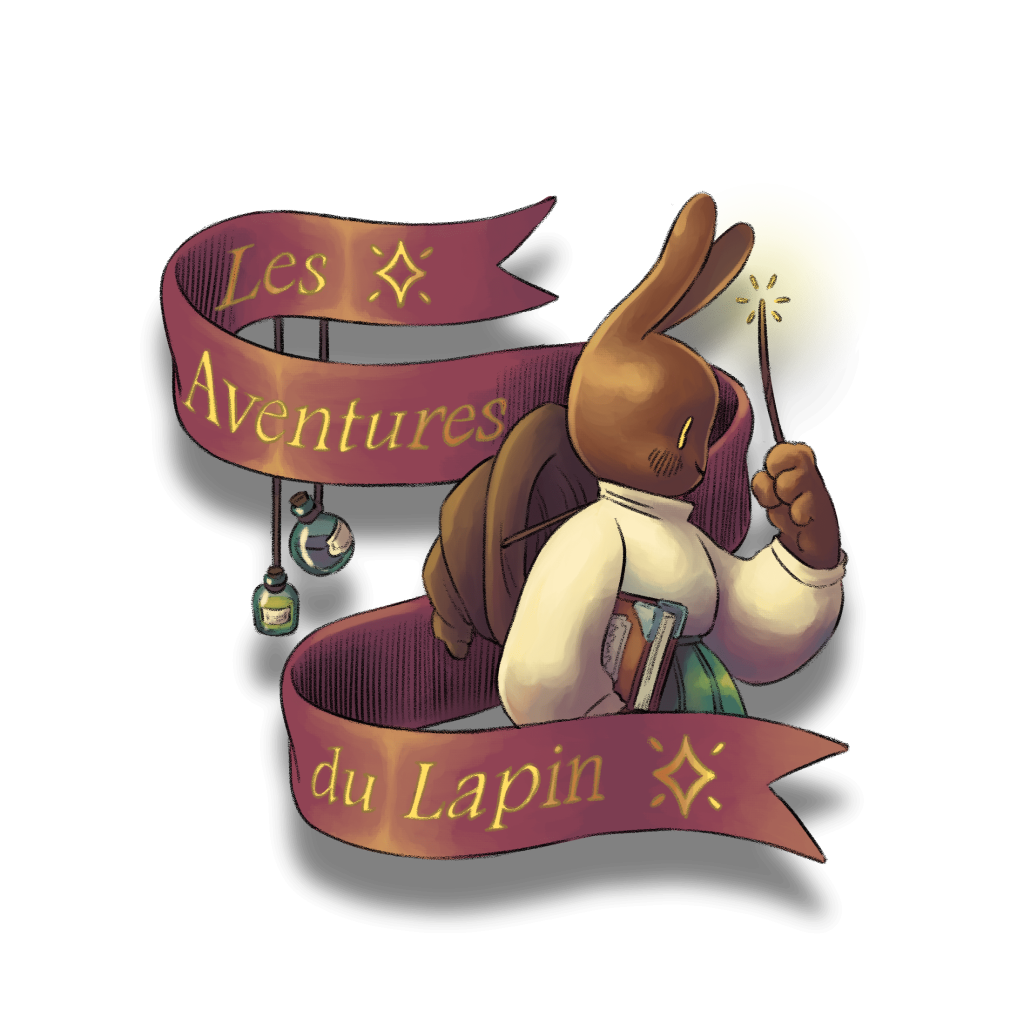 Titre : Les Aventures du Lapin, écrit sur un ruban rouge, avec Lily, le lapin sorcière qui tient sa baguette magique