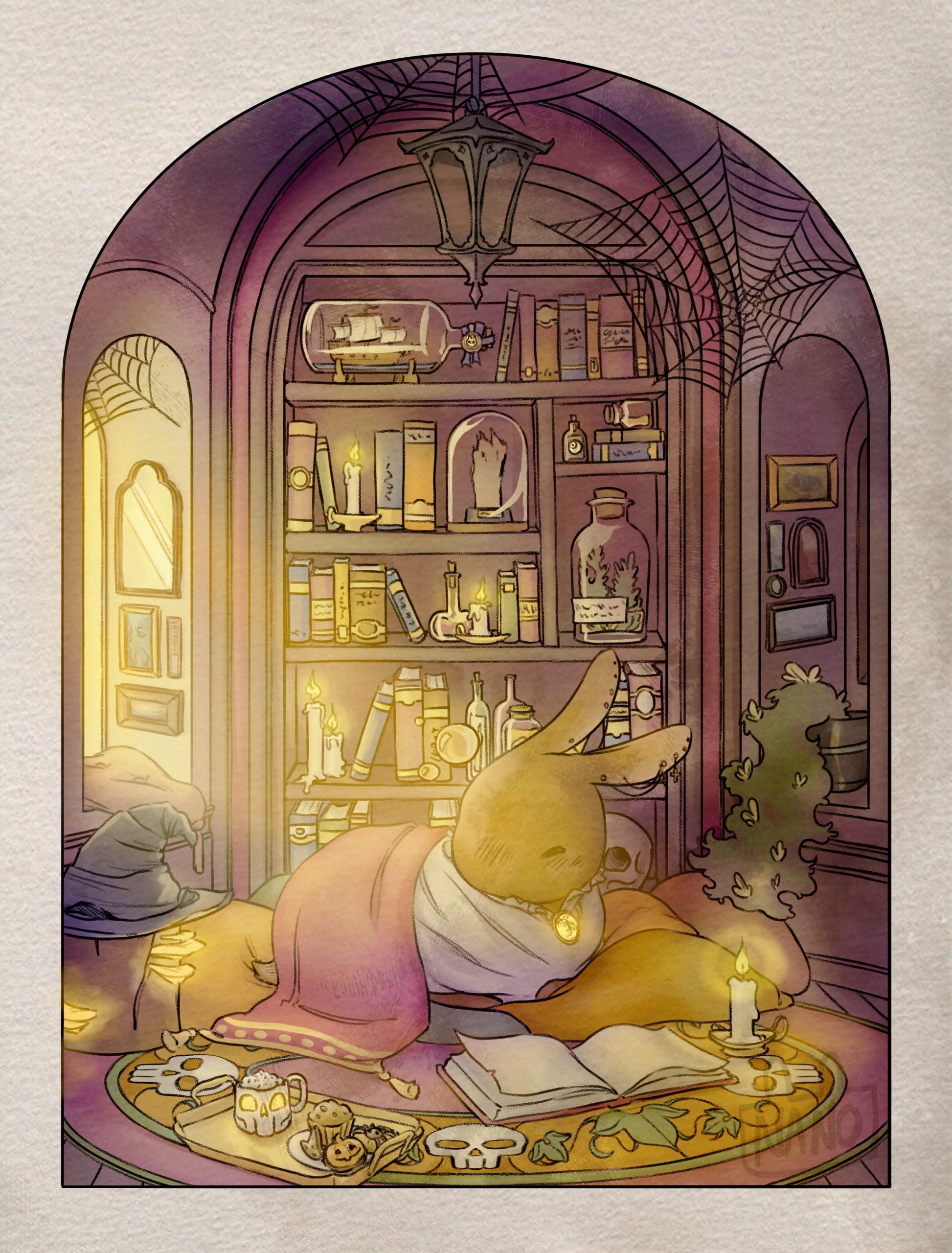 Le lapin se repose dans un coin cozy, devant la bibliothèque , entourer de livres, plantes et divers objets (chapeau de sorcières, bougies, cookies). Un rayon de soleil le berce.