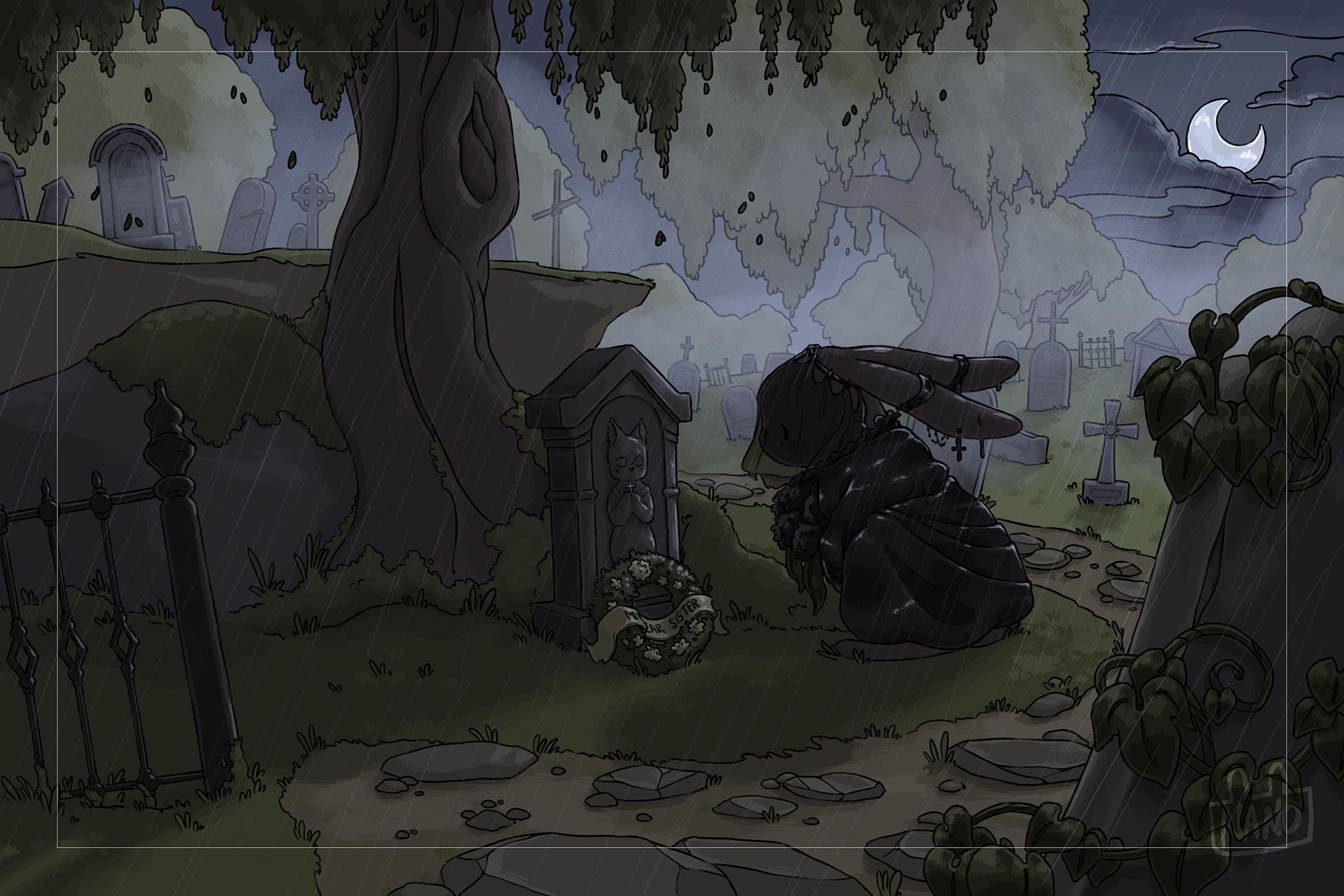 Le lapin en robe noir, se recueille sur la tombe d'une amie chat, dans un cimetière sombre et remplis de verdure.