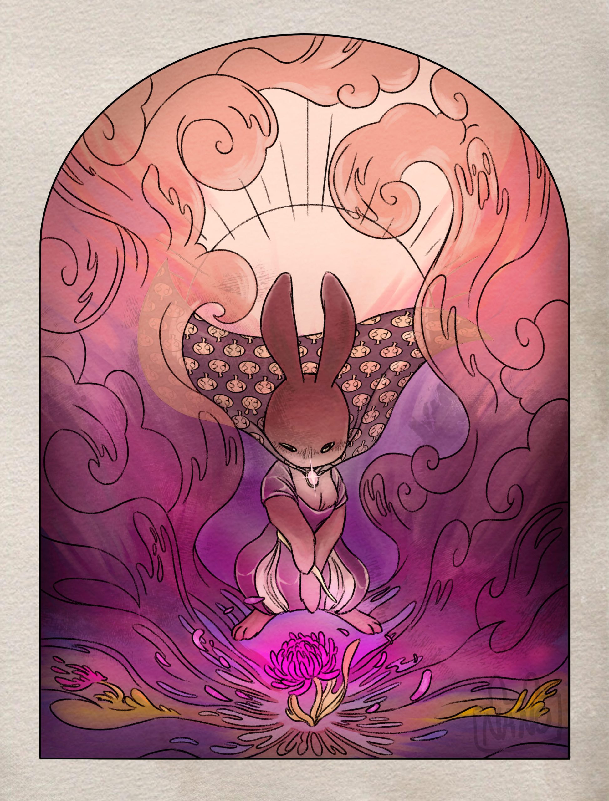 Le lapin fait de la magie, avec sa baguette magique, la sorcière fait face à une fleur de la mort : une chrysanthème, d'où s'échappe un énorme pouvoir.