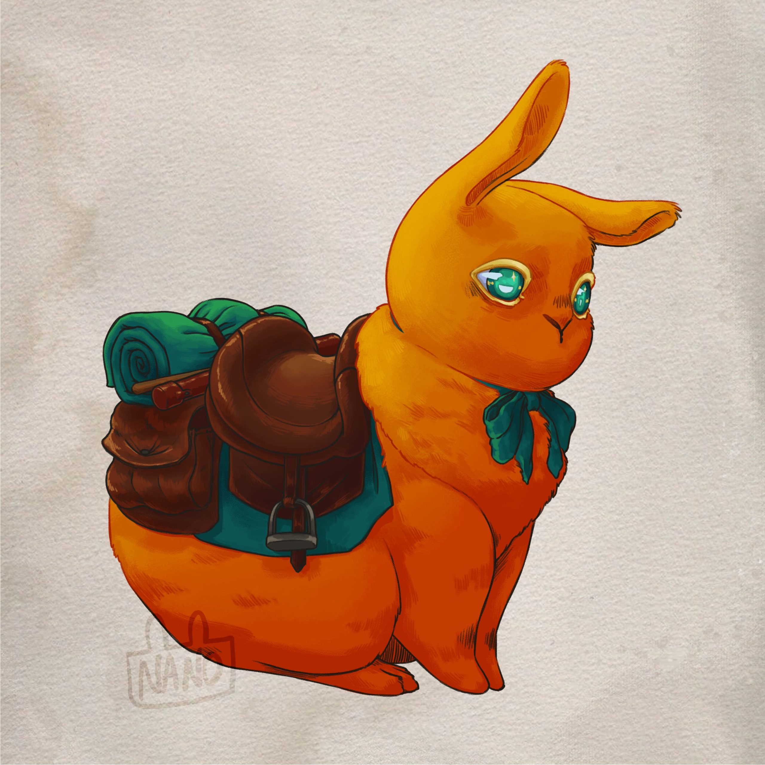 Lapin orange, avec un petit noeud vert autour du cou, avec une selle et des bagages, prêt pour être chevauché.
