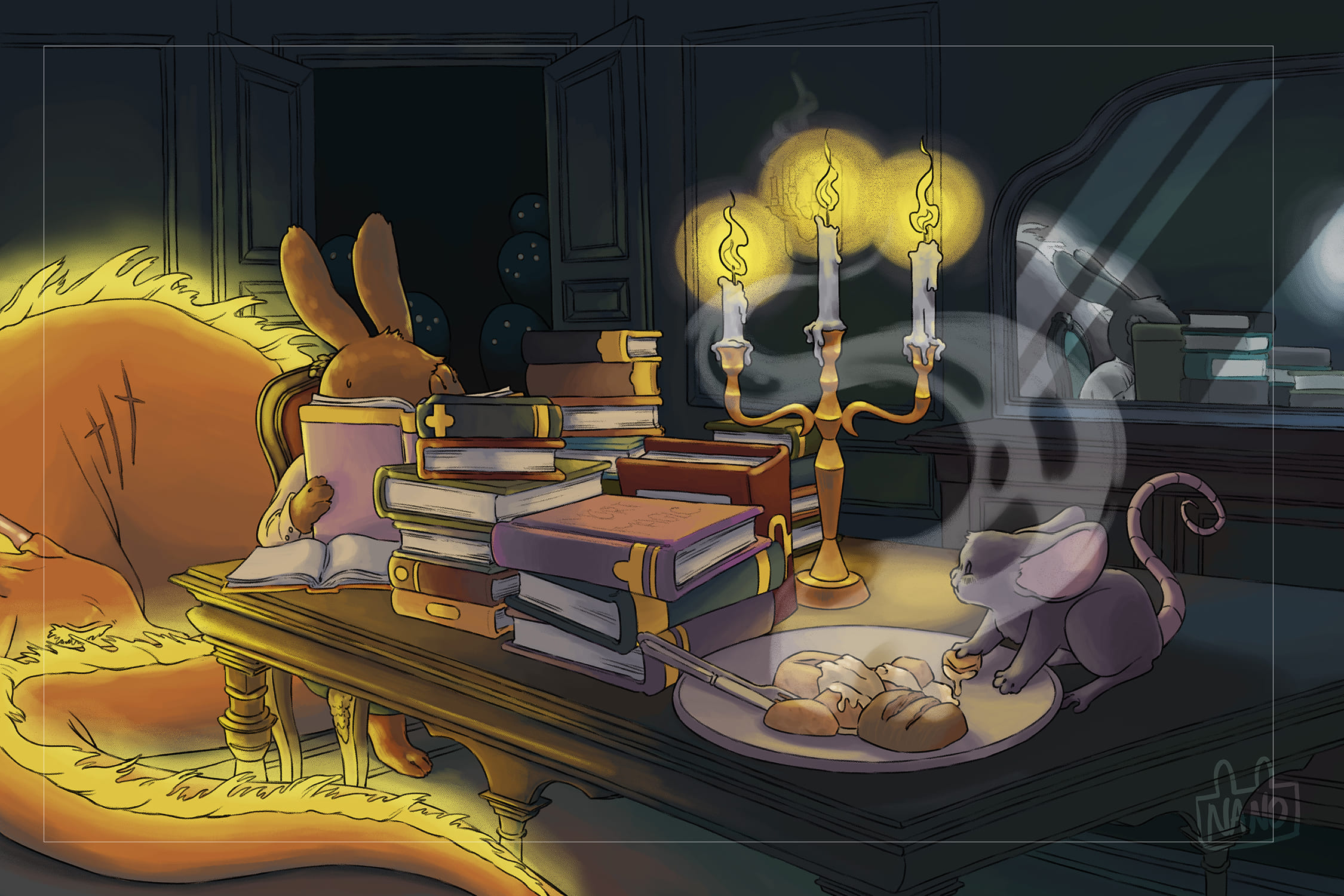 Dans une salle sombre, à une table, le lapin est plongé dans ces livres, délaissant son plat encore chaud. Une petite souris en profite pour le gouter.