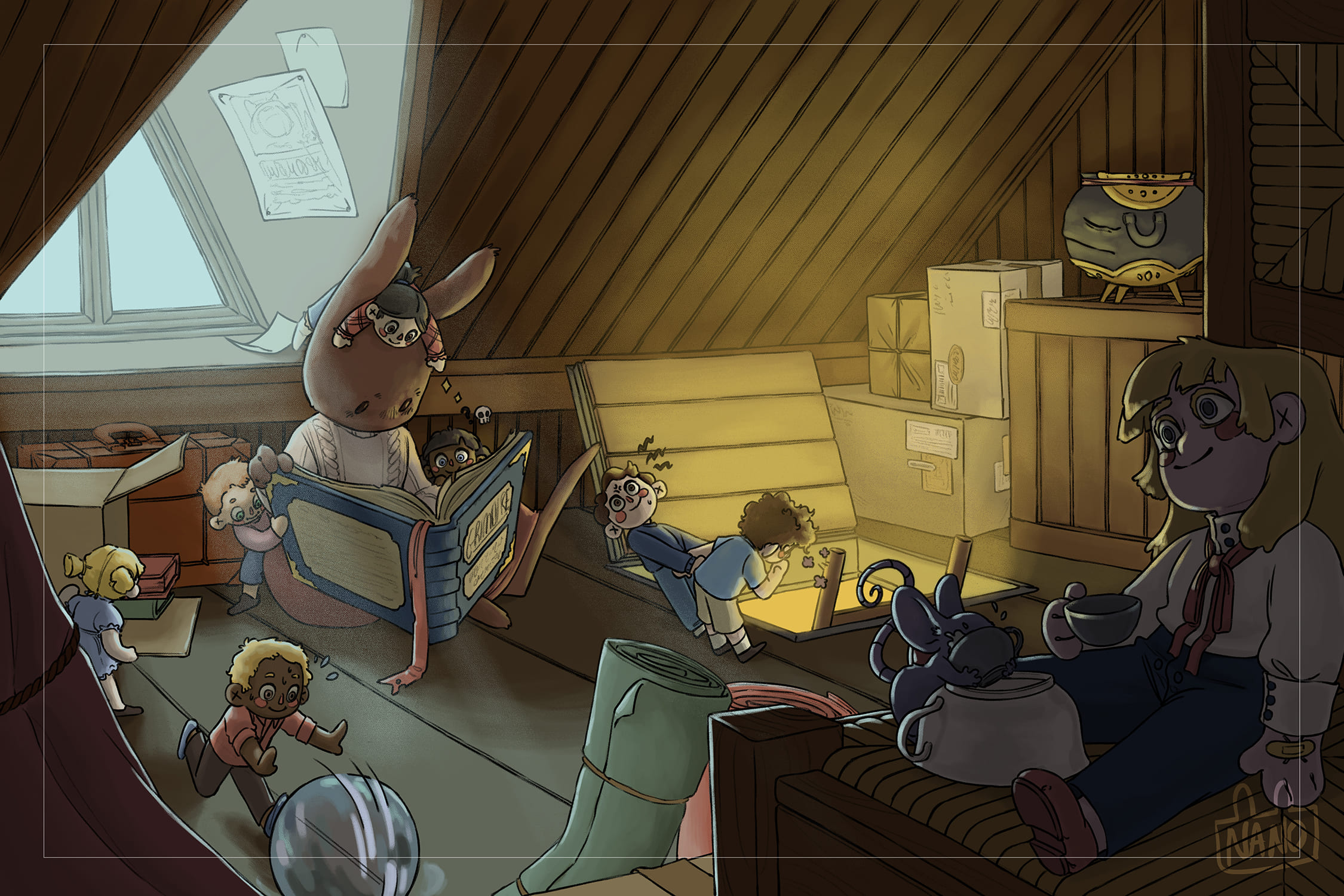 Le lapin dans un grenier, est entouré de poupée vivante qui font n'importe quoi, est en train de lire un gros grimoire.