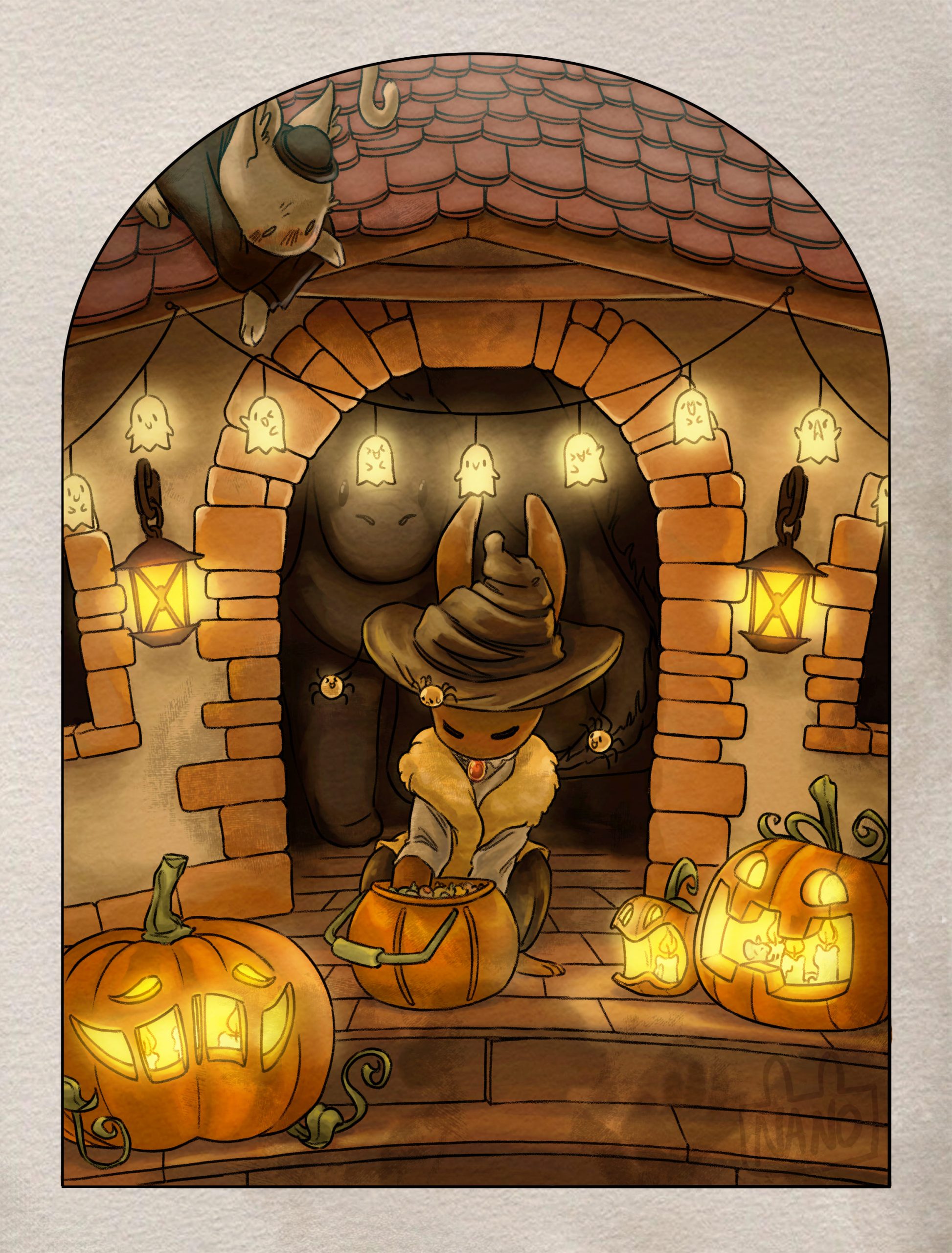 Le lapin a décoré son porche de maison pour halloween avec divers citrouille, et est prêt pour vous accueillir avec des bonbons.
