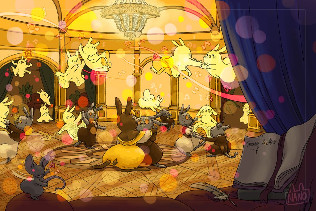 Dans une salle de balles, le lapin en robe jaune danse avec un robot chat en costume. Ils sont entouré de couple robots qui dansent. Au dessus d'eux des couples de fantômes dansent également. Le lapin a enfin laissé ces recherches de côté pour aller s'amuser.