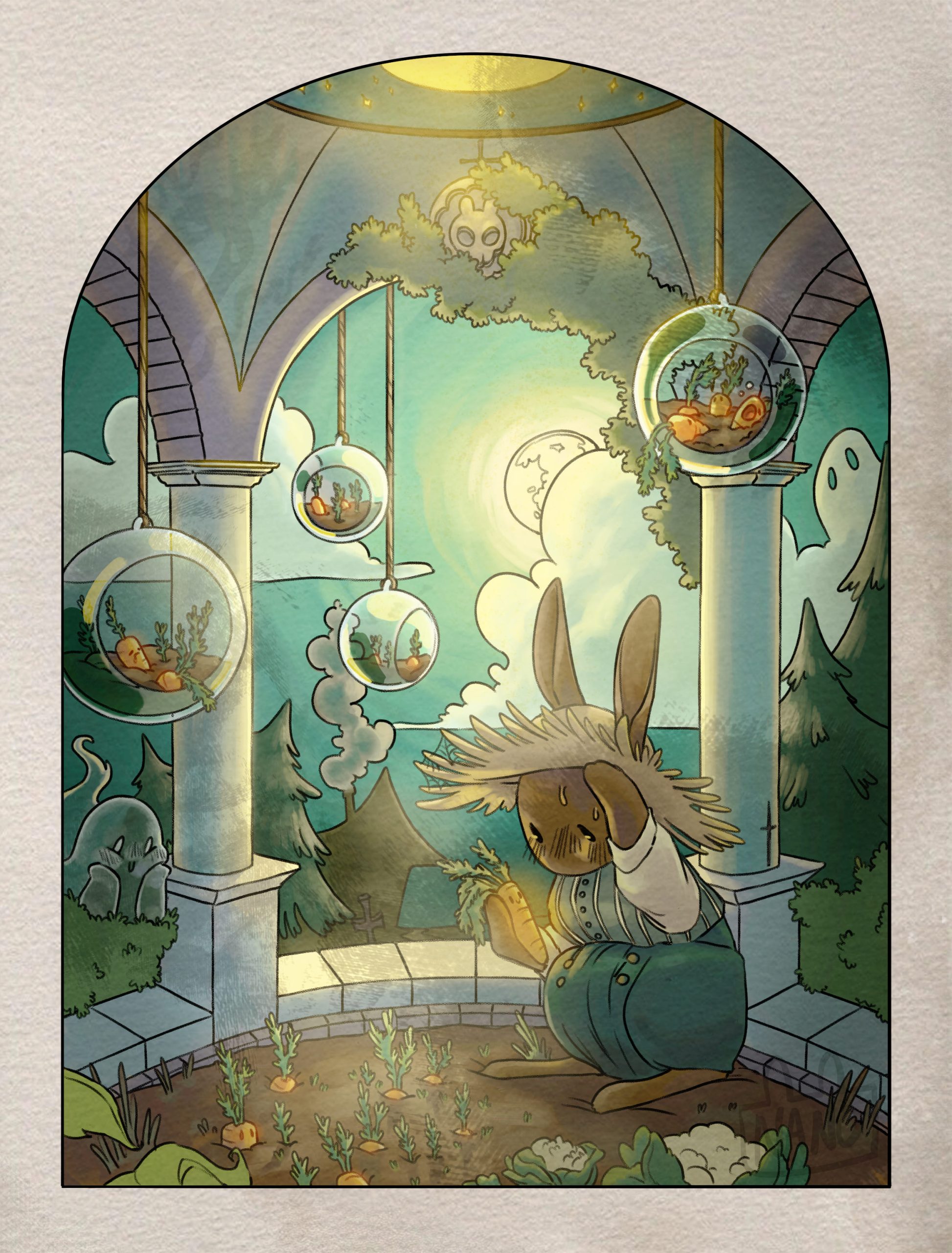 Dans un jardin de nuit, sous un kiosque, le lapin récolte ces carottes vivantes.