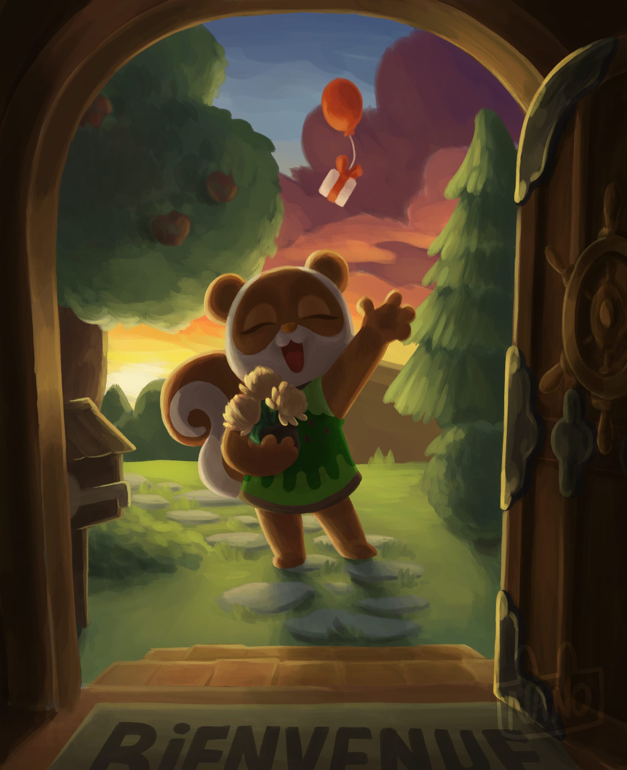 Fanart animal crossing avec le personnage de Mounia qui me rend visite avec des fleurs.