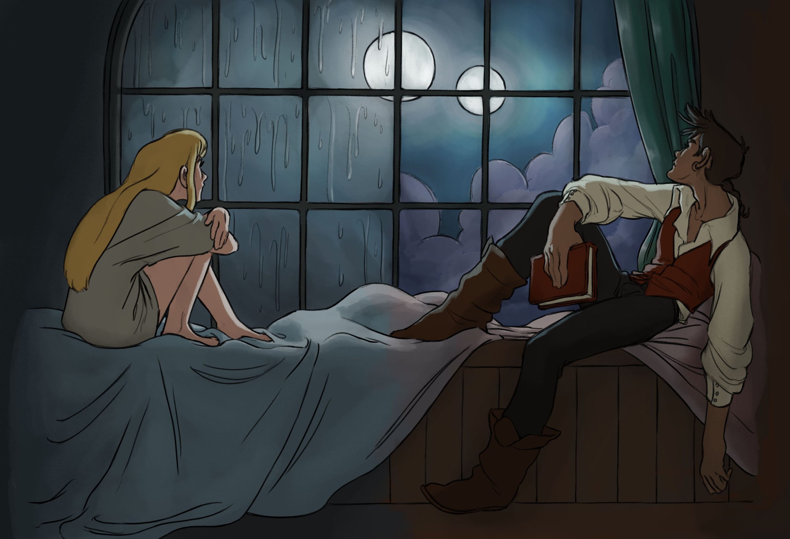 Une jeune femme blonde à gauche et un homme brun à droite. Les deux regardent par la vitre, la lune (ou les lunes) mais ne sont pas au même endroit.