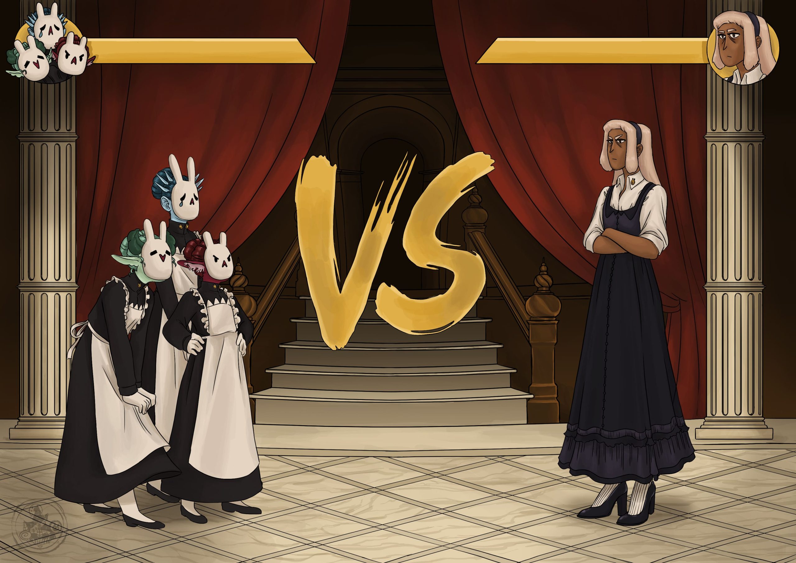 Dans un style de jeu de combat, trois jeunes servantes avec des masques de lapin sont contre une jeune femme grande, la gouvernante. 