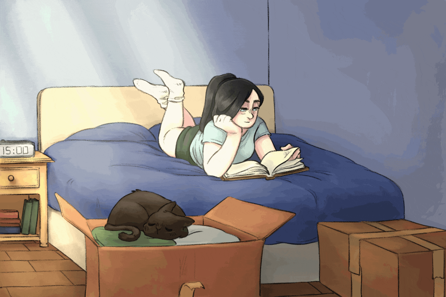 Gif d'une jeune fille au cheveux noir (Eloïse) entrain de lire un livre allongée sur son lit. Un chat est entrain de dormir dans un carton d'habits.