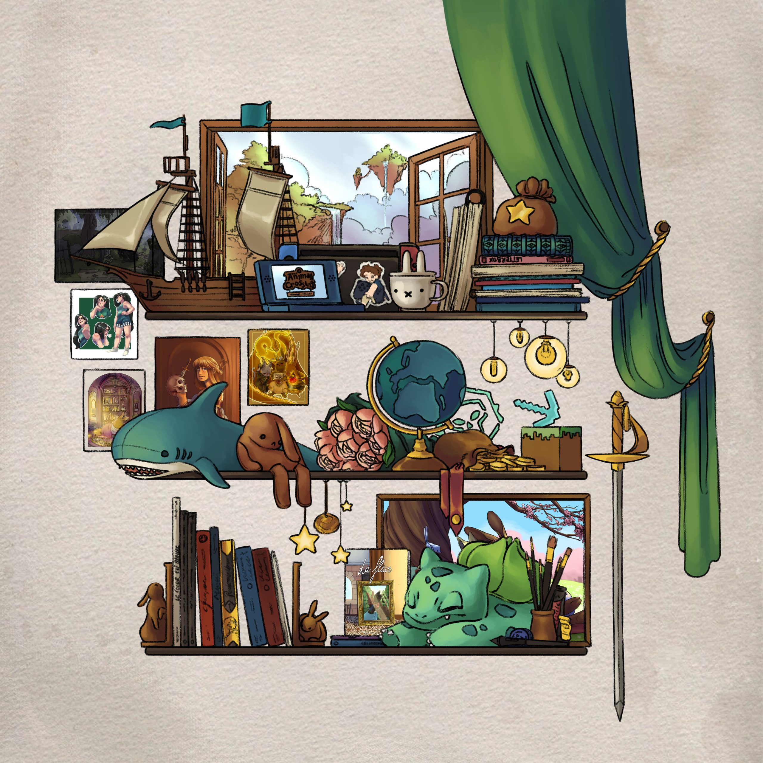 Etagère composer de toutes mes préférences. Des tableaux fantastiques, un bateau, des peluches, mes carnets de dessins, livres et bds, des pivoines, et mes jeux préférés (animal crossing, minecraft, sea of thieves) 