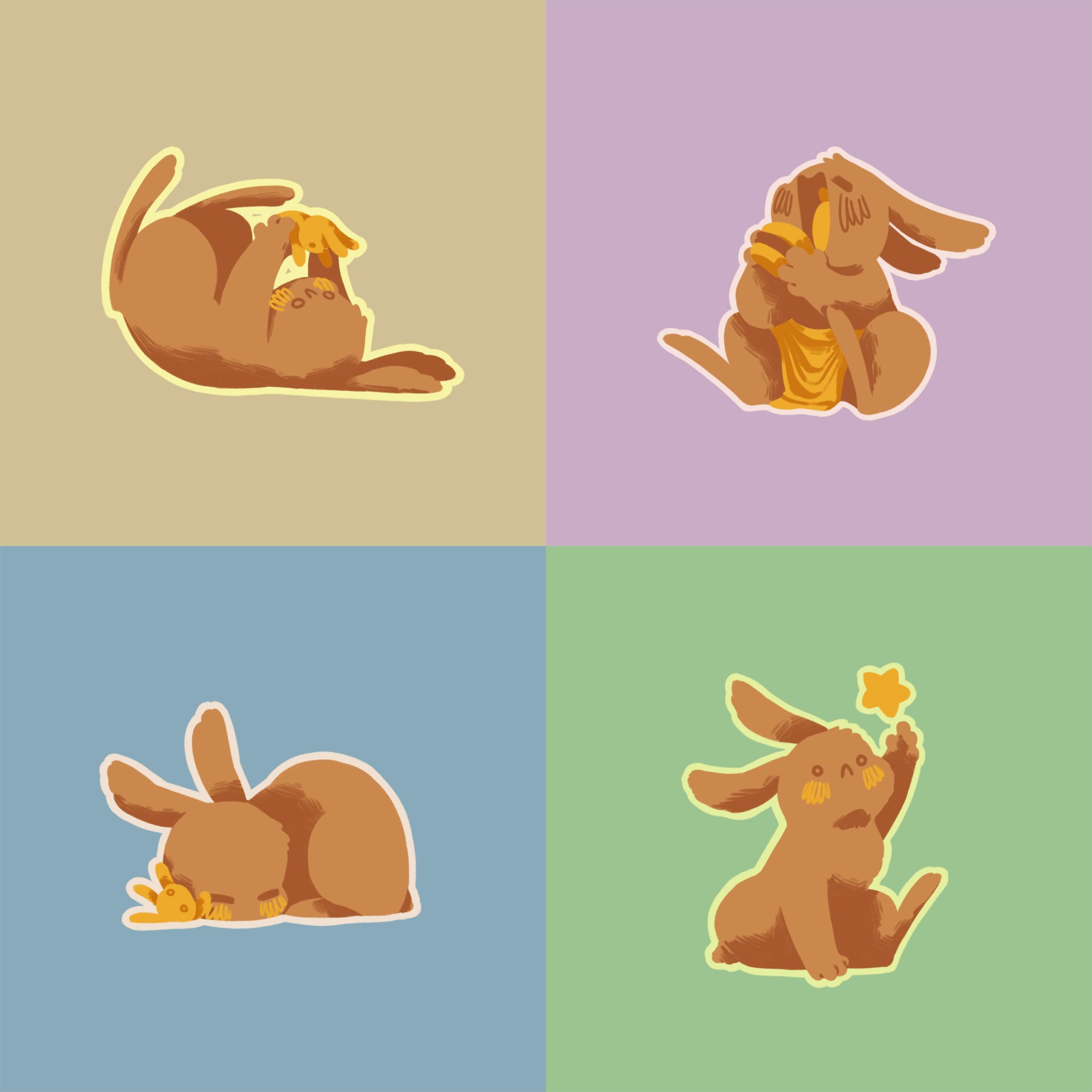 4 lapins ocre, sur des fond de couleur unie, dans des positions différentes.