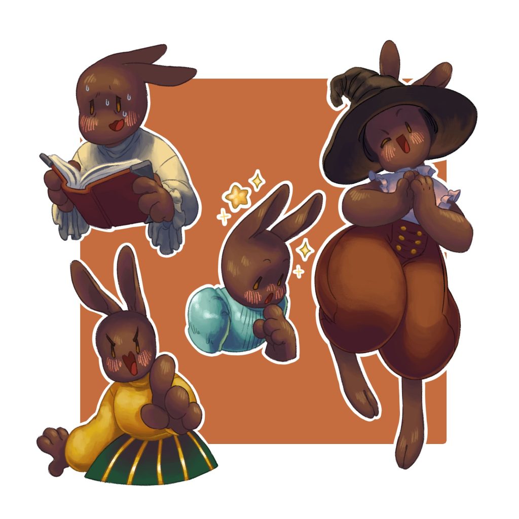 Fiche personnage de Lily, une lapine sorcière dans différentes poses.