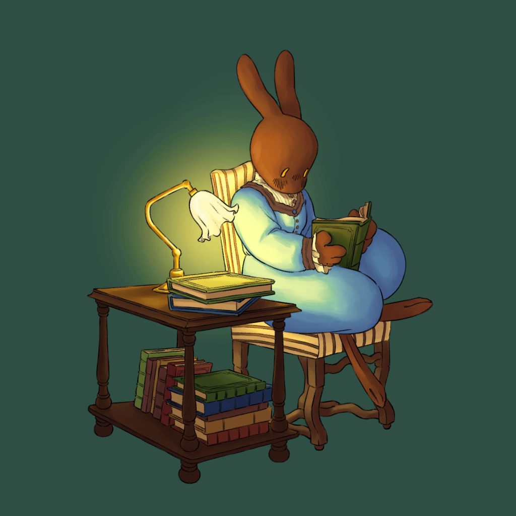 Lily, la lapine magicienne, occupée à lire plusieurs livres, sur une chaise rayée et à côté d'une desserte avec une lampe de chevet.