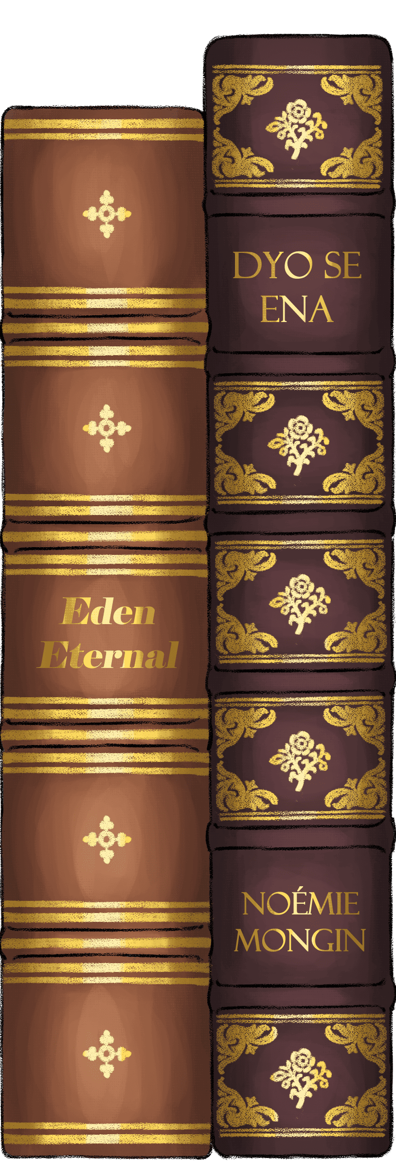 Livres style ancien, cuir marron et bordeaux avec des décorations dorés, et les titres : Eden Eternal et Dyo se ena