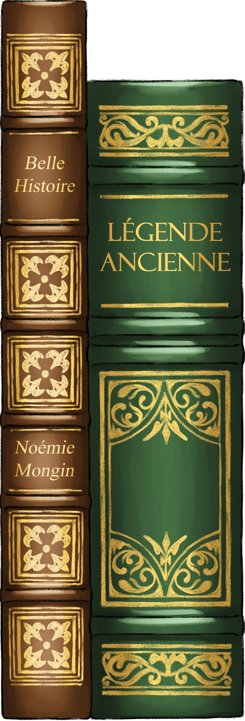 Livres style ancien, cuir marron et vert avec des décorations dorés, et les titres : Belle Histoire et Légende Ancienne