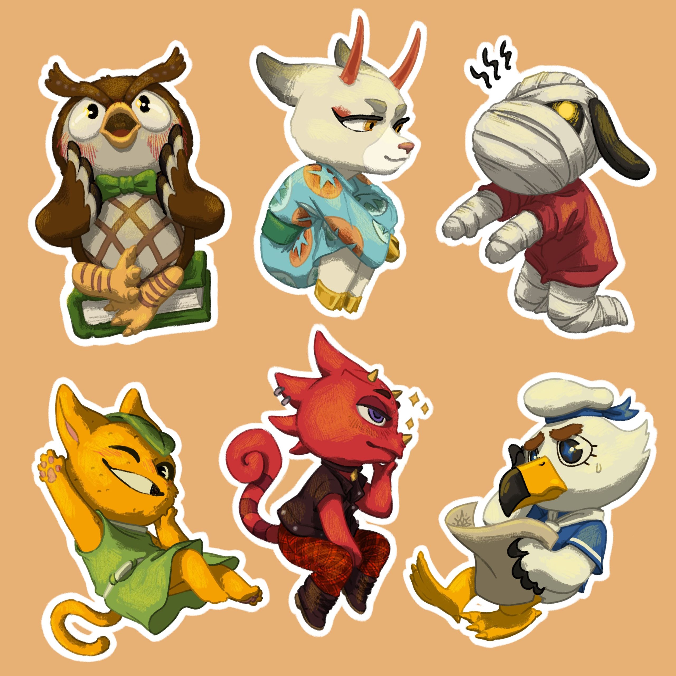 Planche de stickers de : Tibou, Shino, Ramsès, Marine, Djason, et Gulliver