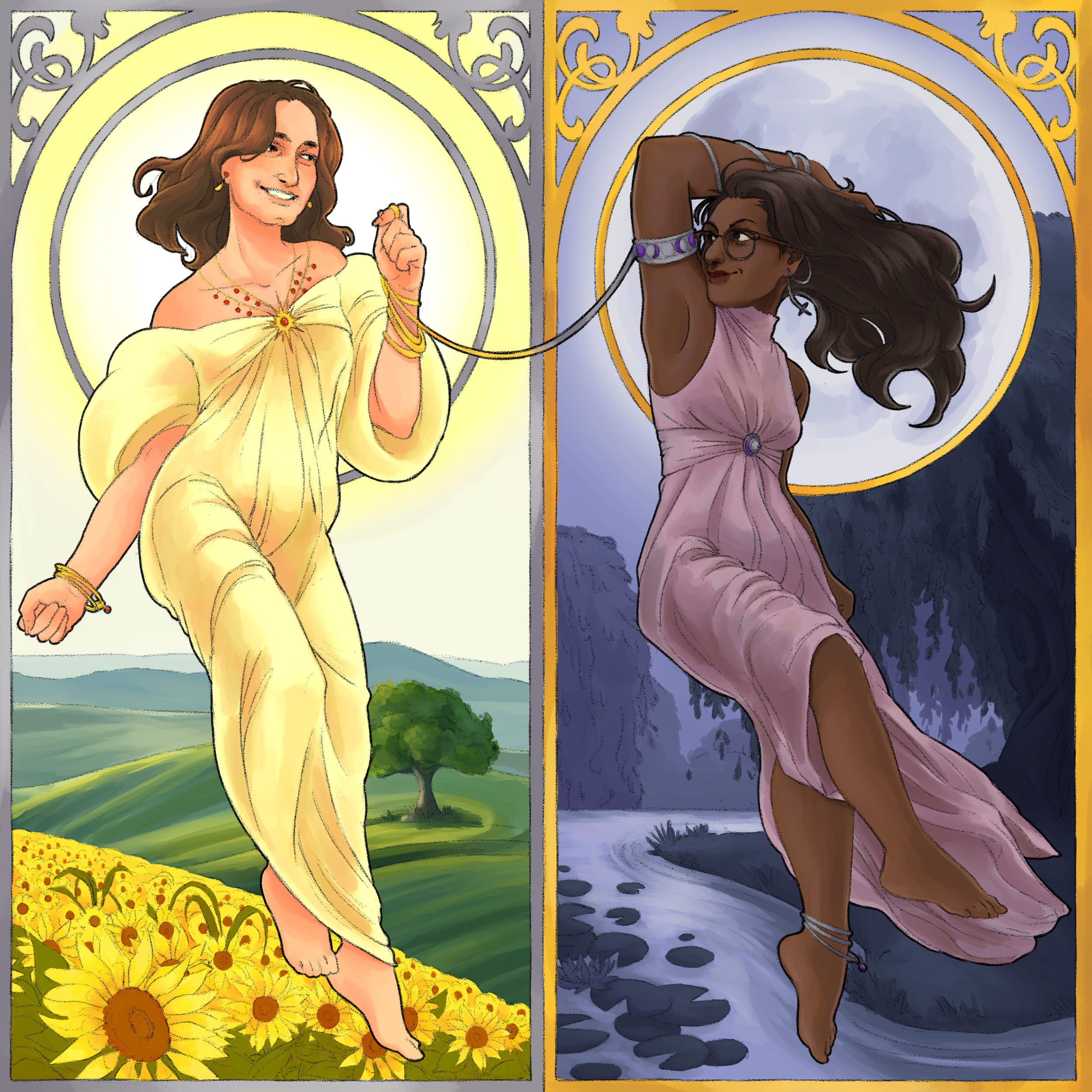 Double portrait dans le style de Musha pour une commande. A gauche une jeune femme  blanche, joyeuse et rayonnante habillé en jaune et avec un paysage dans le fond avec des tournesols. A droite une jeune femme noir, mystérieuse et mystique, habillé en violet, et avec un paysage d'un lac et d'un saule pleureur sous la lune.