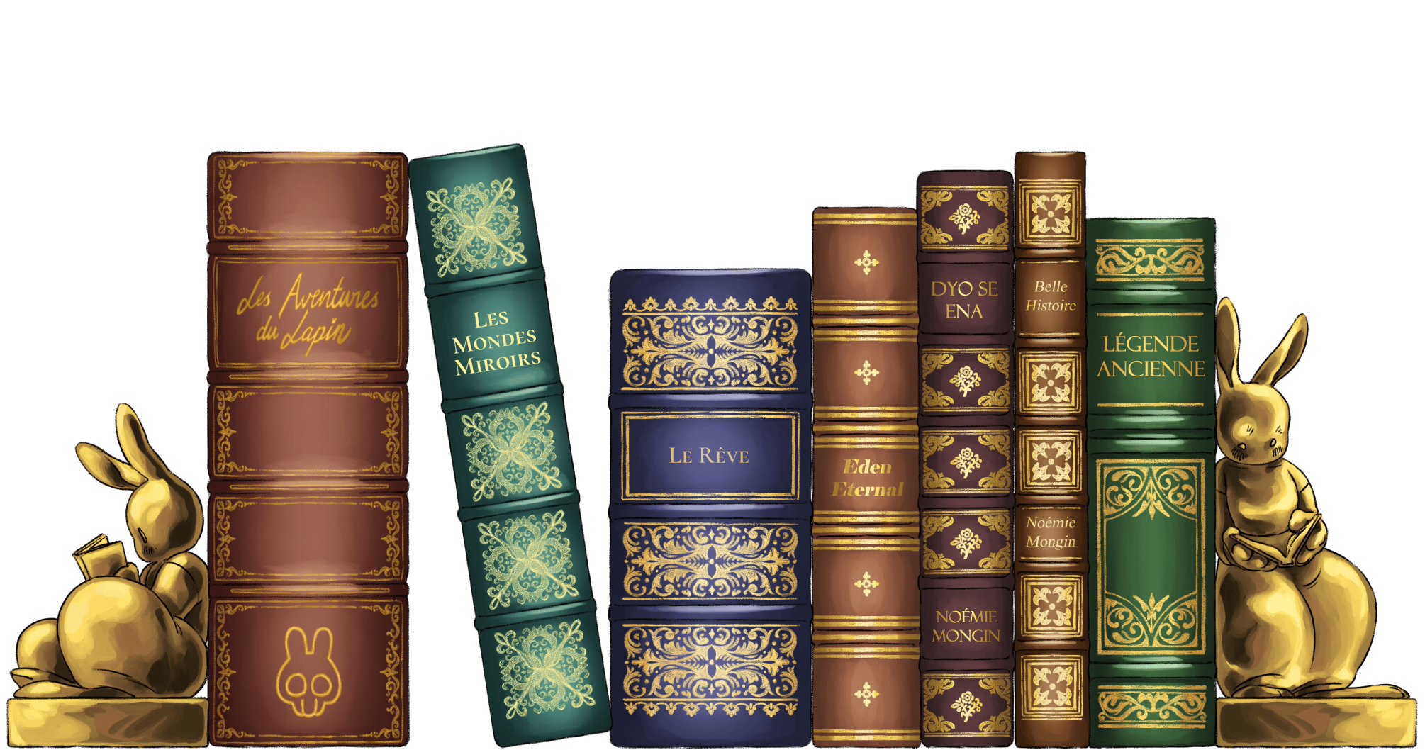 Livres de mes différents univers, "les Aventures du lapin", "les Mondes Miroirs", "Le rêve", "Eden Eternal", "Dyo se ena", "Belle histoire", "Légende Ancienne". Les livres sont coincés entre des serre-livres lapins dorés.