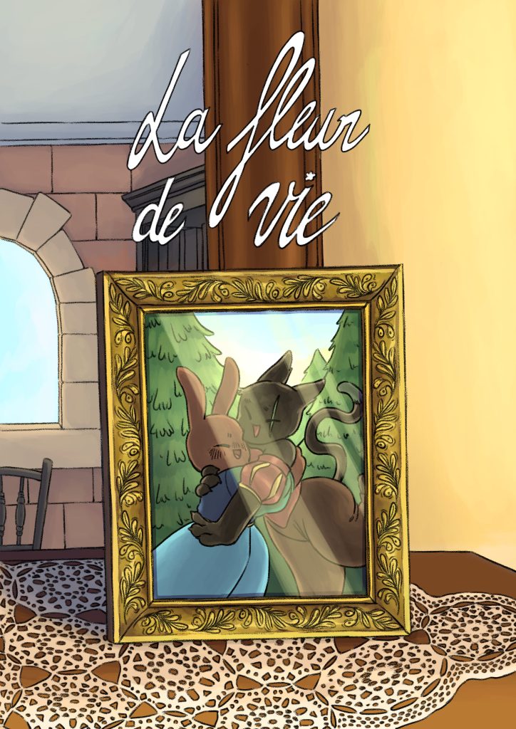 Page de couverture de bande dessinée : Les Aventures du lapin, chapitre : La fleur. Un cadre doré avec une photo d'un chat et d'un lapin qui s'enlace amicalement au milieu d'une forêt. Le cadre est sur un meuble en bois avec un napperon blanc et devant un miroir qui reflète la fenêtre et la bibliothèque derrière.