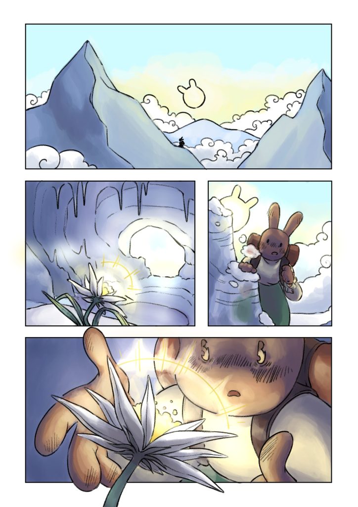 Page de la bande dessinée : Les Aventures du lapin, chapitre : la fleur de vie.