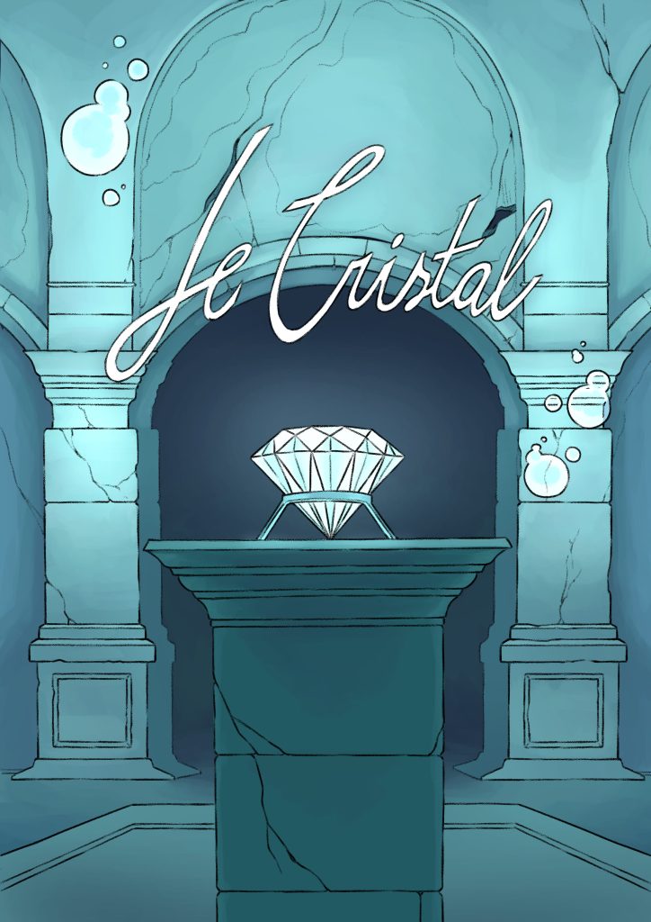 Page de couverture de bande dessinée : Les Aventures du lapin, chapitre : Le cristal. Sous l'eau, un pilier porte un cristal brillant.