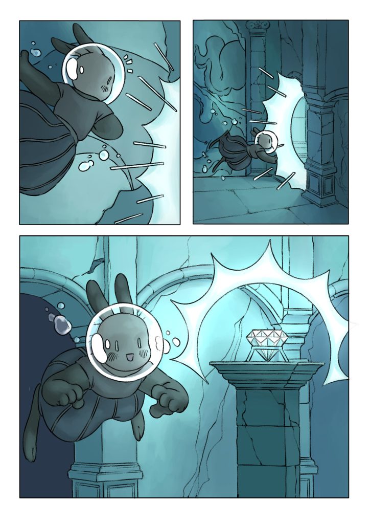 Page de la bande dessinée : Les Aventures du lapin, chapitre : Le cristal.