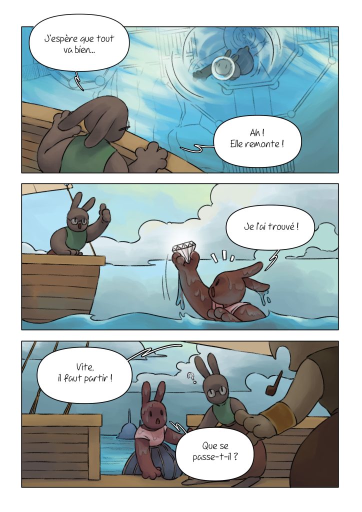 Page de la bande dessinée : Les Aventures du lapin, chapitre : Le cristal.