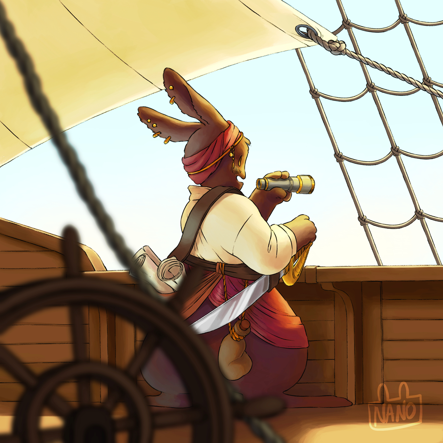 Un lapin pirate regarde l'horizon avec sa longue vue, sur son bateau pirate.