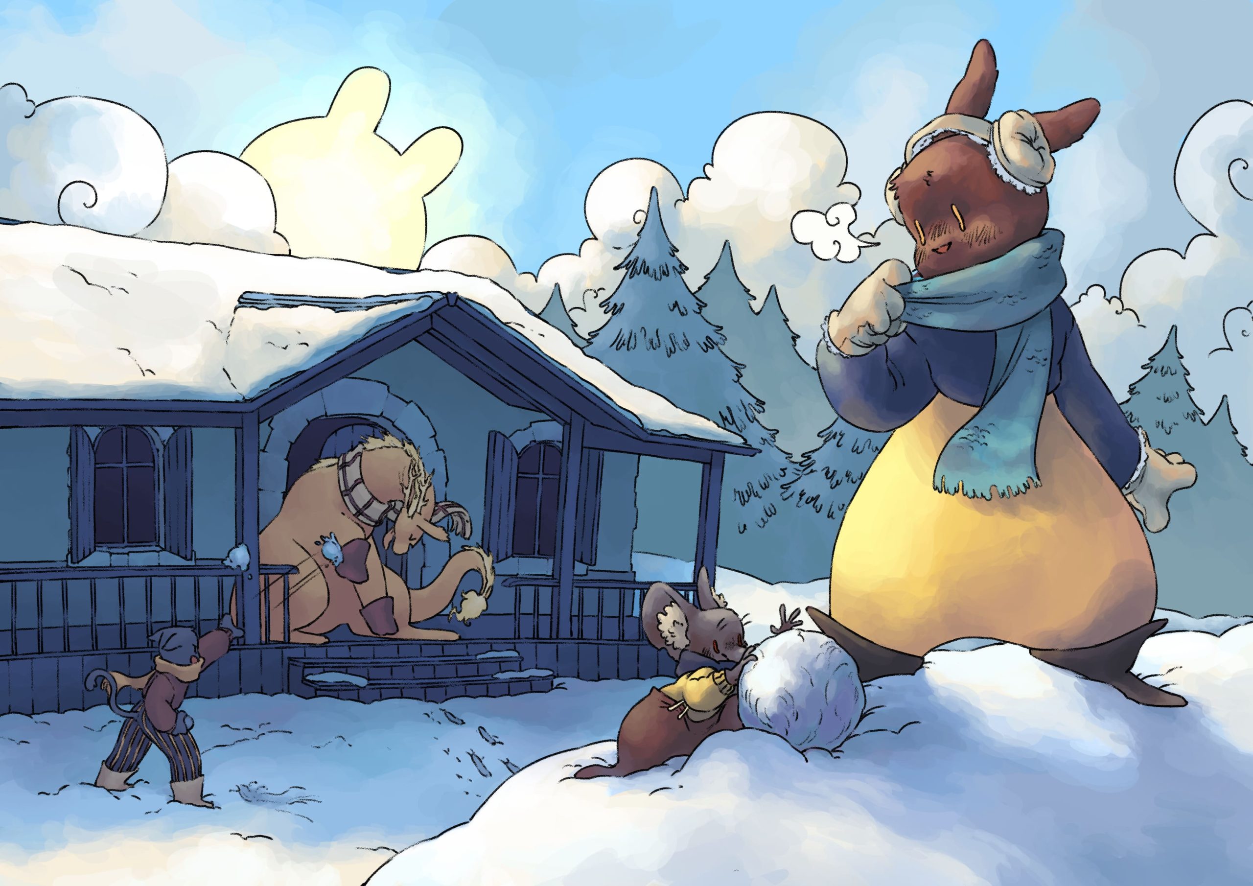 Une lapine (Lily), une souris (Piri), un chat (Tori) et un dragon (Albin), joue dans la neige au soleil.