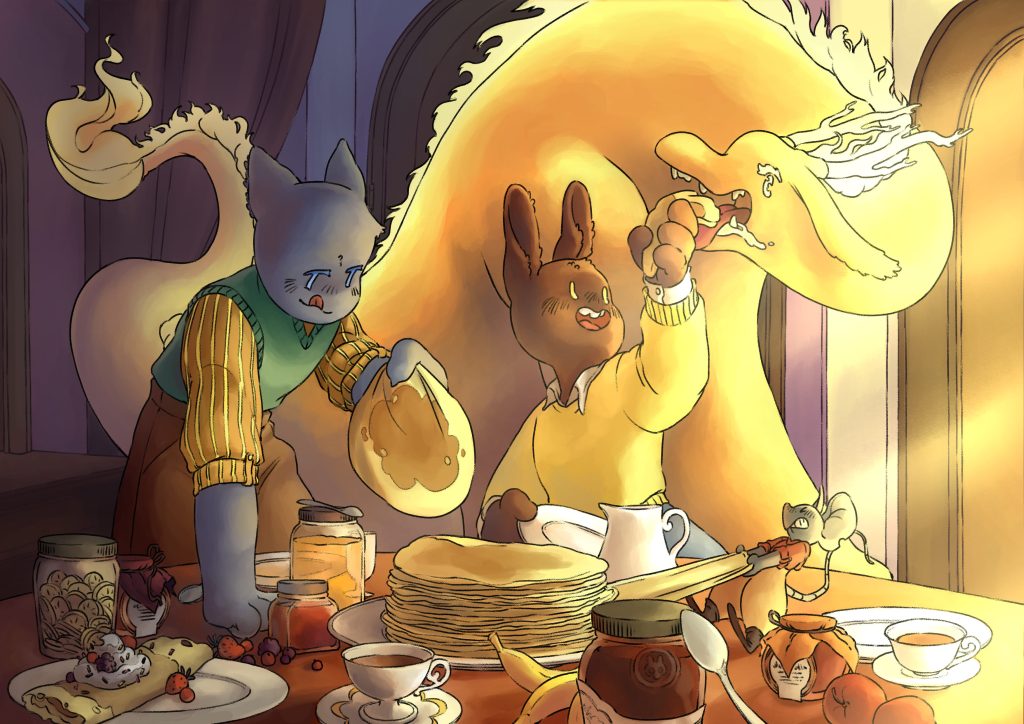 Une lapine (lily), un chat (tori), une souris (piri) et un dragon (albin) sont autour d'une table entrain de déguster des crêpes.