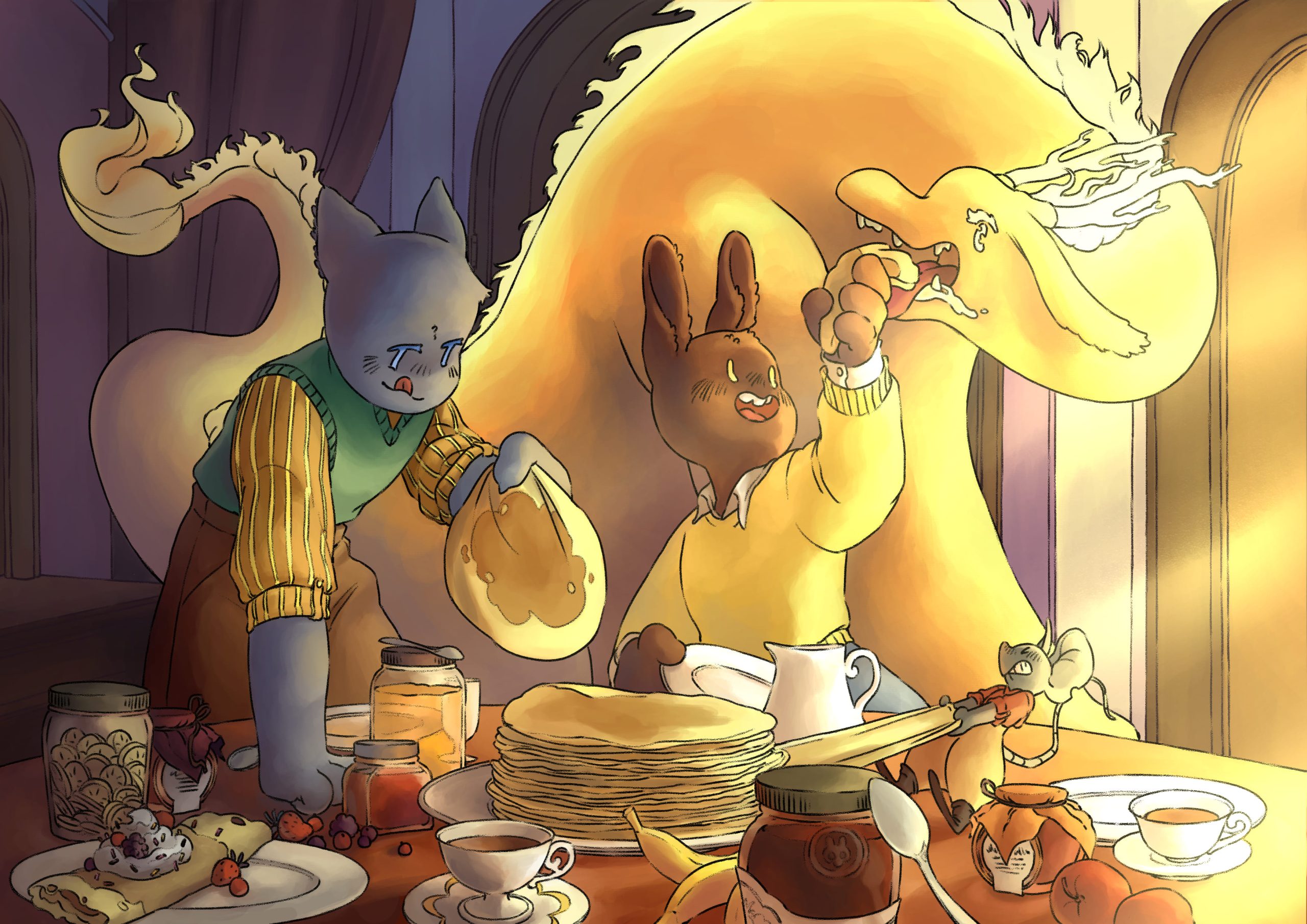 Une lapine (lily), un chat (tori), une souris (piri) et un dragon (albin) sont autour d'une table entrain de déguster des crêpes.