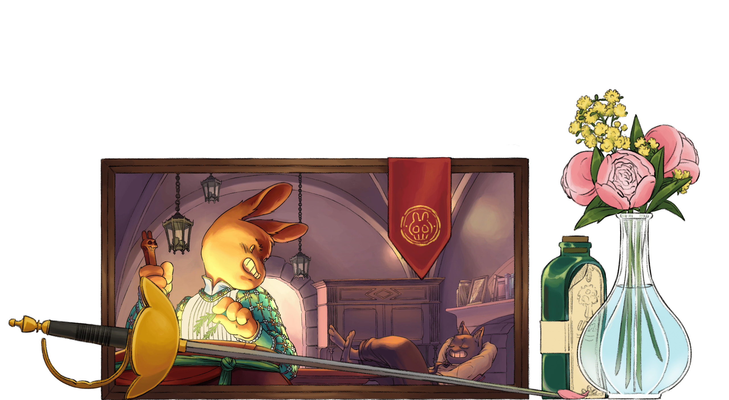 Etagère challenge, composé d'un tableau, une rapière, une potion et d'un vase avec des pivoines et des fleurs jaunes dedans.