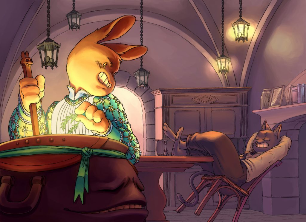 Une lapine (lily) cuisine dans un chaudron pendant qu'un chat (tori) à les pieds posés sur la table de la cuisine.