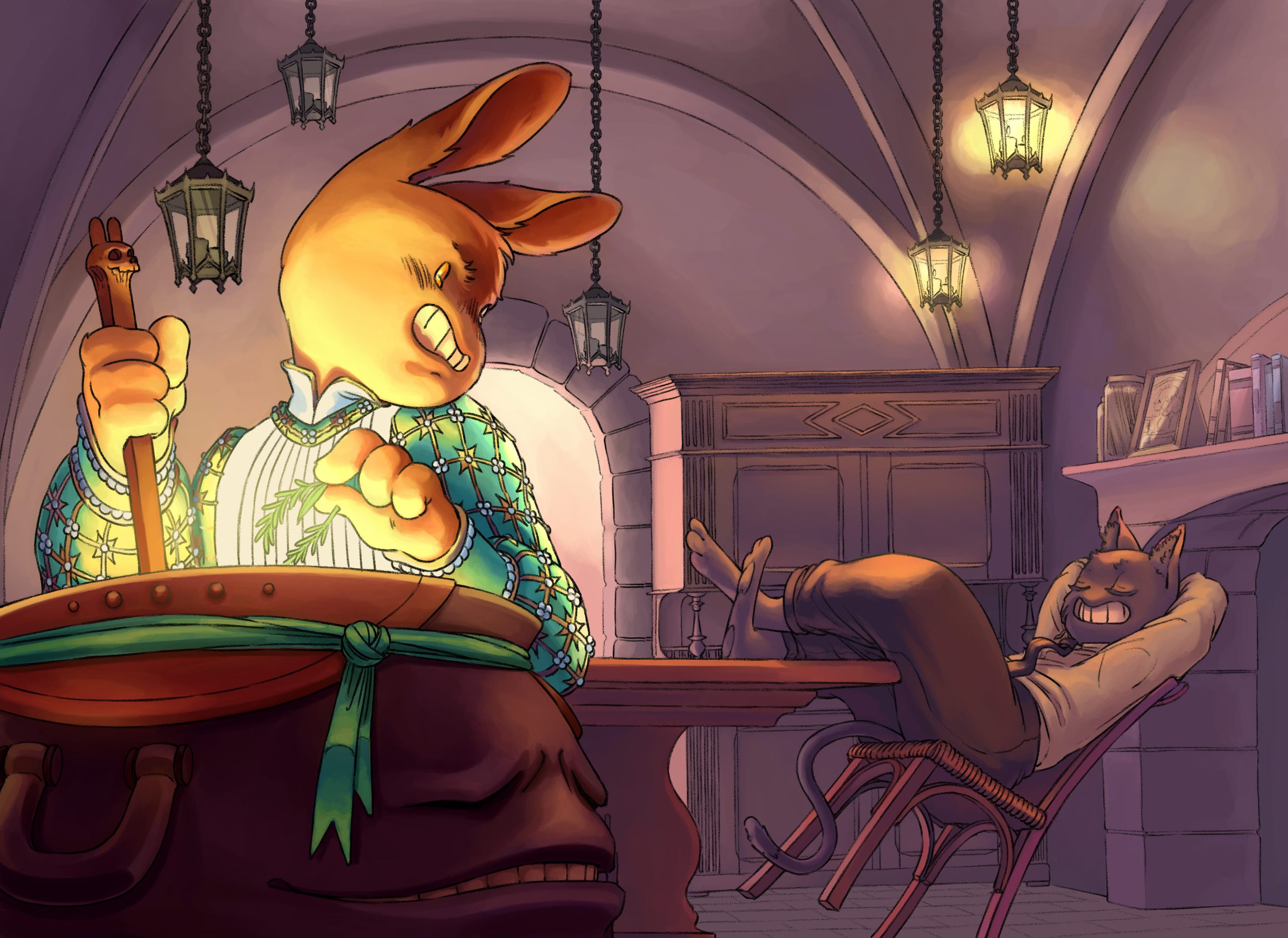 Une lapine (lily) cuisine dans un chaudron pendant qu'un chat (tori) à les pieds posés sur la table de la cuisine.