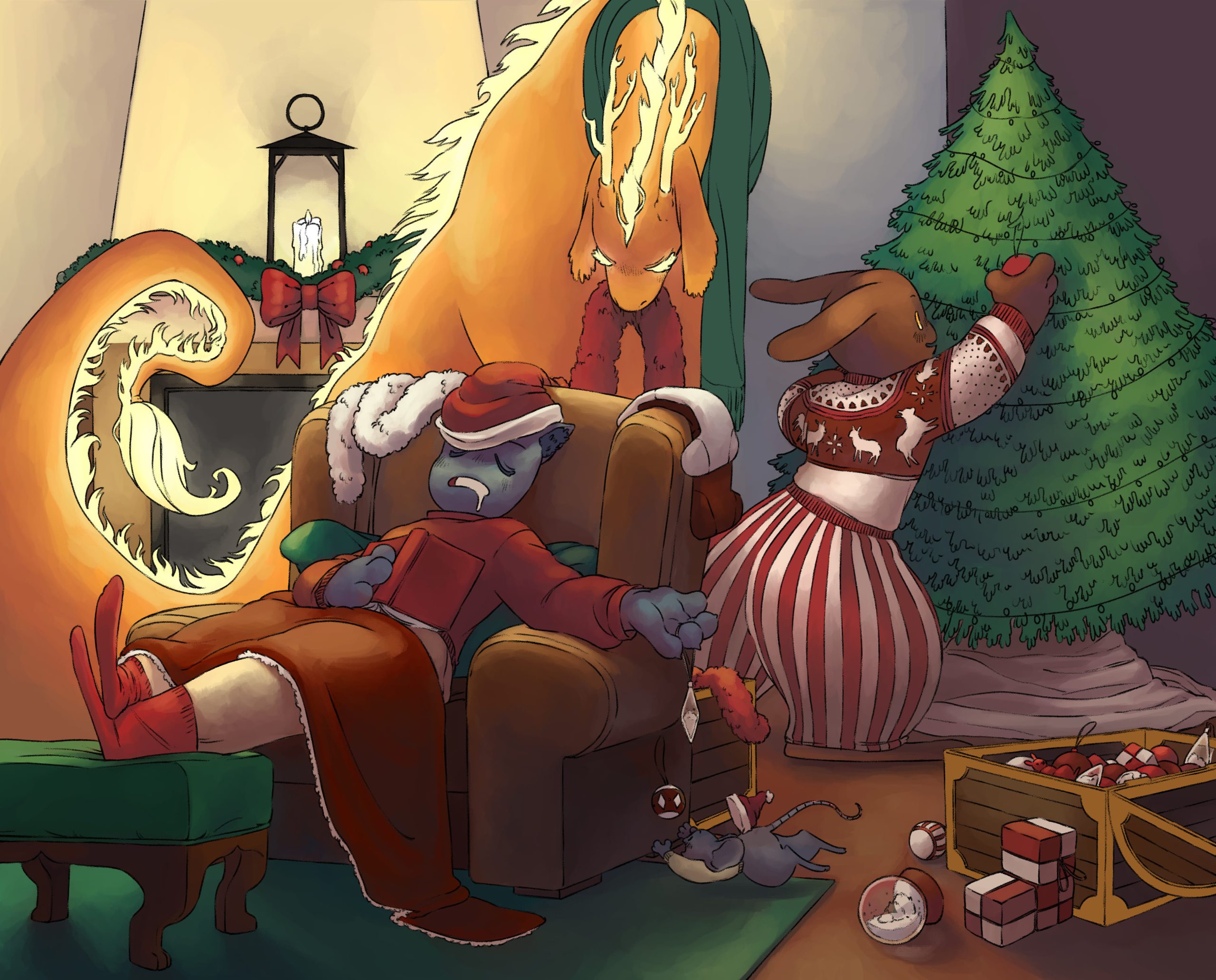 Illustration pour Noël. On y retrouve l'ambiance rouge et verte de noël, avec le sapin que Lily, la lapine, est entrain de faire. Les guirlandes posées un peu partout, un fauteuil au coin du feu avec Tori, le chat, endormis dedans. Et Albin, le dragon, et Piri, la souris, qui aide notre lapin.