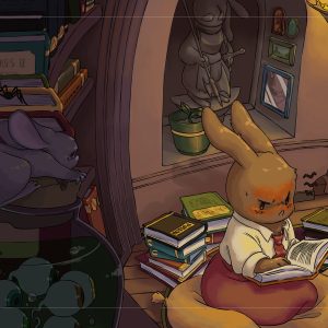 Dans une librairie, le lapin mécontent fait des recherches sur comment contre la mort au milieu de pile de livres.