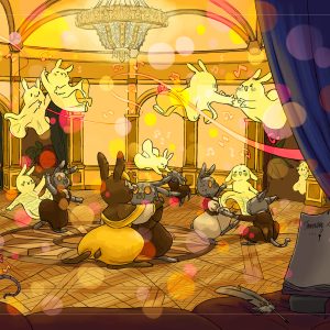 Dans une salle de balles, le lapin en robe jaune danse avec un robot chat en costume. Ils sont entouré de couple robots qui dansent. Au dessus d'eux des couples de fantômes dansent également. Le lapin a enfin laissé ces recherches de côté pour aller s'amuser.