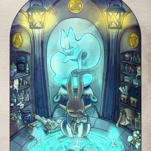 Dans sa cave, le lapin triste, a créé un cercle magique avec la fleur de la mort et un crane, faisant revenir l'âme de son amie perdue le chat.