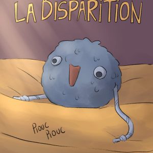 Page de couverture de bande dessinée : Les Aventures du Lapin, chapitre : La disparition. Un jouet pour chien, rond et bleu avec des poils et un visage simplet, sur un coussin jaune.