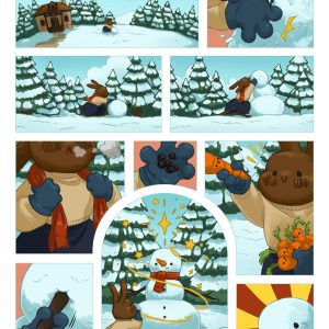 Petite bande dessinée sur le sujet de l'hiver et de la construction d'un bonhomme de neige par un lapin.