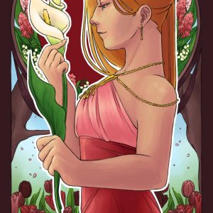 Portrait dans le style musha, d'une femme blonde, avec une robe rose, qui tient un arome.
