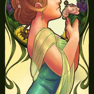 Portrait dans le style musha, d'une jeune femme, au x cheveux châtain, qui porte une robe bleu turquoise et qui tient des roses