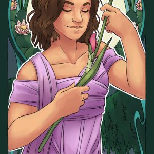 Portrait dans le style musha, d'une femme au cheveux brun et en robe mauve, qui tient une iris.