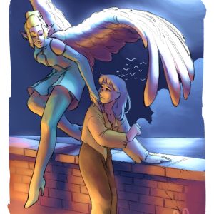Une femme avec des ailes d'ange, descends du muret et attirant l'attention d'un jeune homme surpris