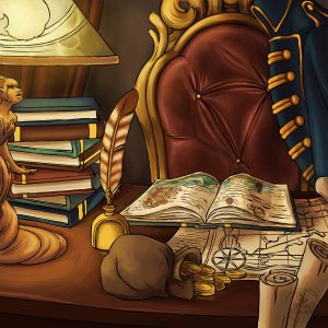 Bureau ancien avec une pile de livres, un carnet de voyage ouvert, une plume et un encrier, un sac de bourses et plusieurs carte étalés sur le bureau.