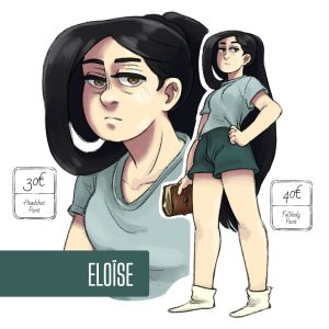 Fiche de charadesign de "Eloïse", une jeune femme au cheveux long et noir.