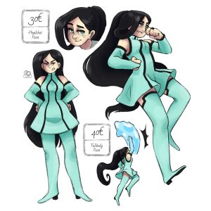 Fiche de charadesign de "Eloïse", une jeune femme au cheveux long et noir.